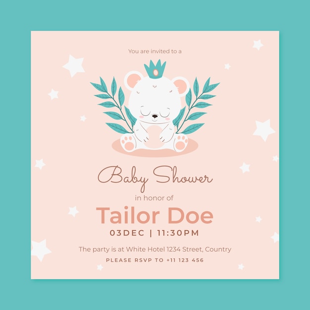 Free vector hand drawn teddy bear baby shower invitation