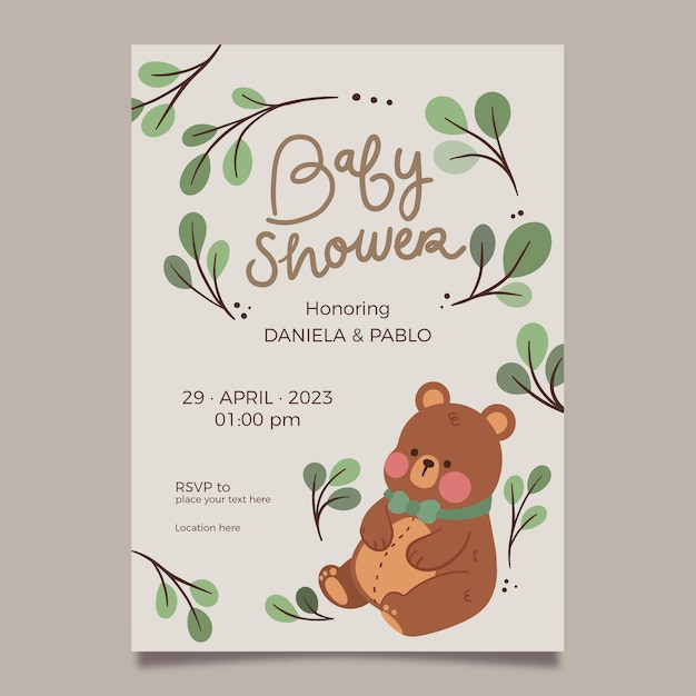 Hand drawn teddy bear baby shower invitation