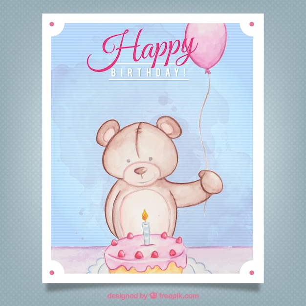 Vettore gratuito disegnata a mano orsacchiotto con un invito torta di compleanno