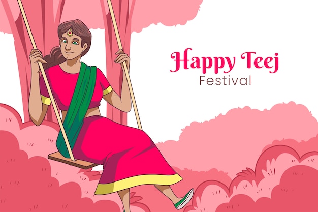 Hand drawn teej background with woman and swing