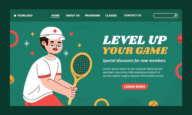 Vettore gratuito pagina di destinazione del gioco di tennis disegnata a mano