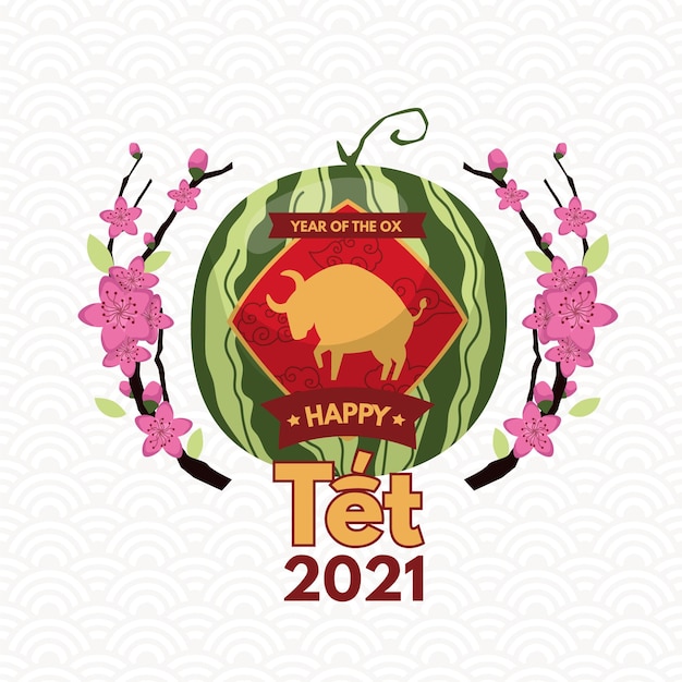 Free vector hand-drawn tet with watermelon and bull