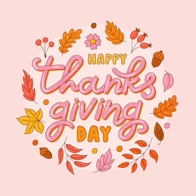 Hand drawn text illustration for thanksgiving with leaves