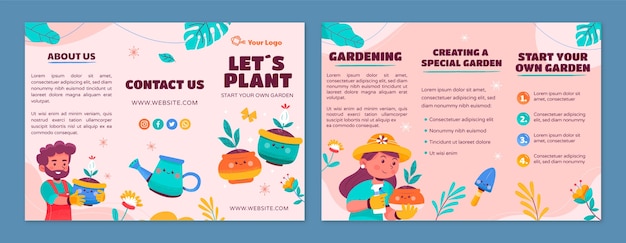 Vettore gratuito brochure di giardinaggio con struttura disegnata a mano con piante