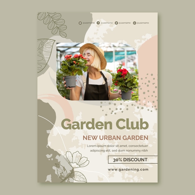 Vettore gratuito modello di poster di giardinaggio con texture disegnata a mano