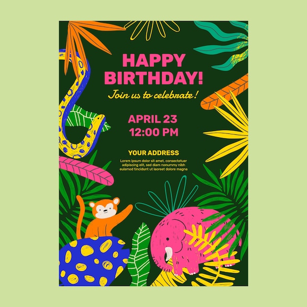 Hand drawn texture jungle birthday party template