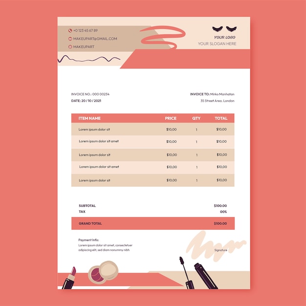 Hand drawn texture makeup artist invoice