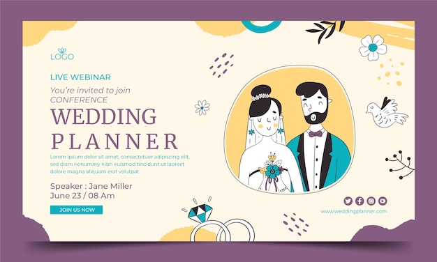 Vettore gratuito modello di webinar di matrimonio con texture disegnata a mano