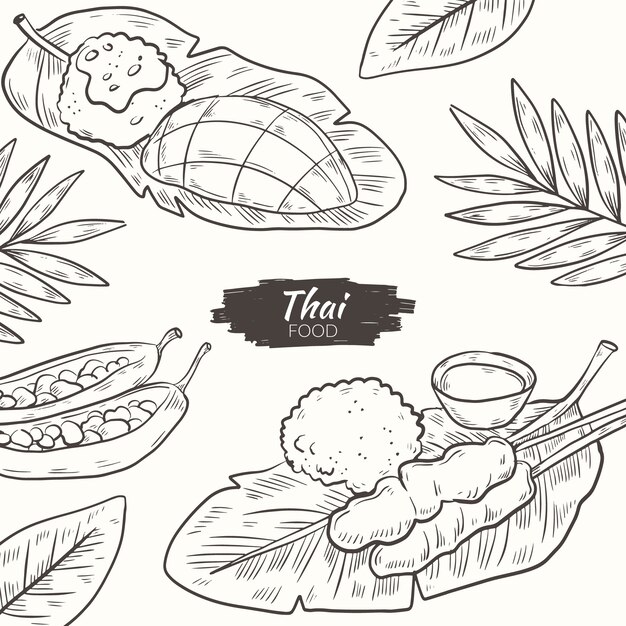 손으로 그린 태국 음식 그림