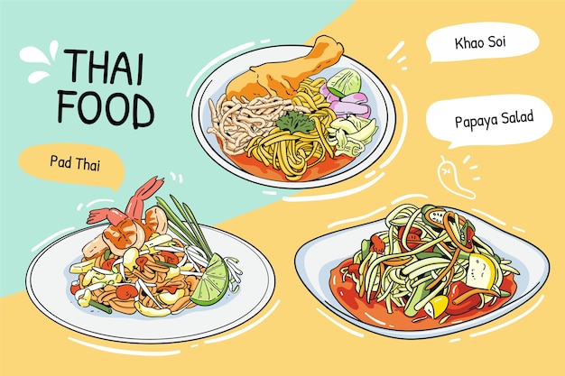Бесплатное векторное изображение Тайская еда ручной работы