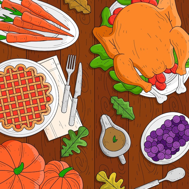 Free vector hand drawn thanksgiving background with food