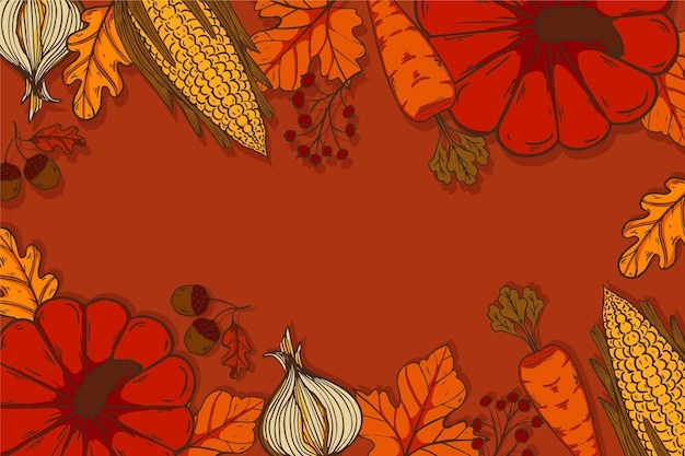 Free vector hand drawn thanksgiving background with pumpkins and veggies