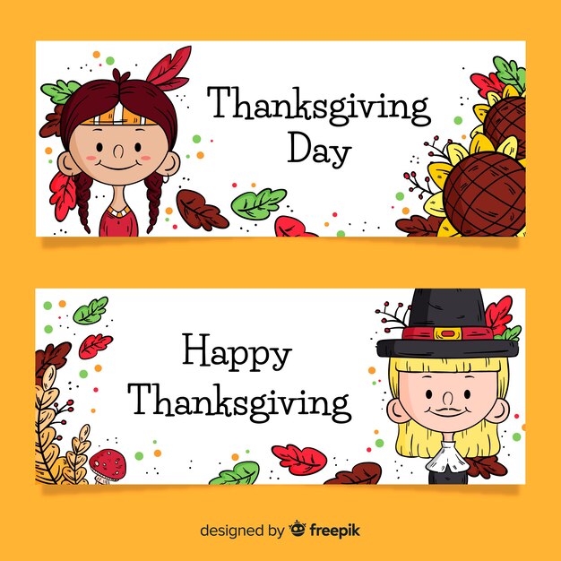 Hand drawn thanksgiving day banner set