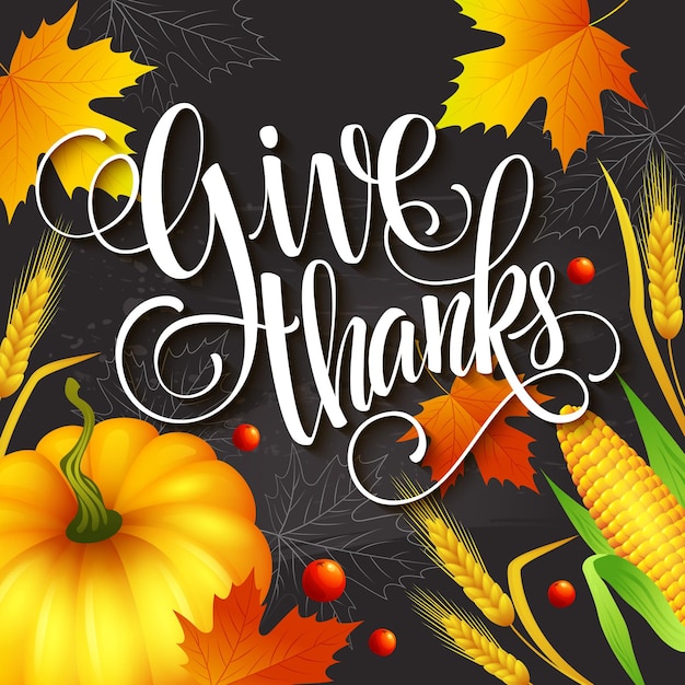 Cartolina d'auguri di ringraziamento disegnata a mano con foglie, zucca e spica. illustrazione vettoriale eps 10