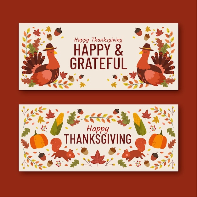 Free vector hand drawn thanksgiving horizontal banners set