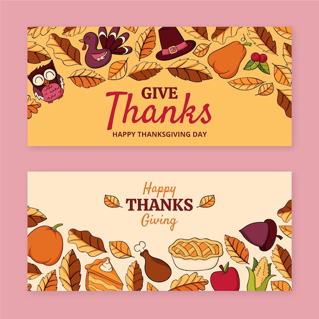 Hand drawn thanksgiving horizontal banners set