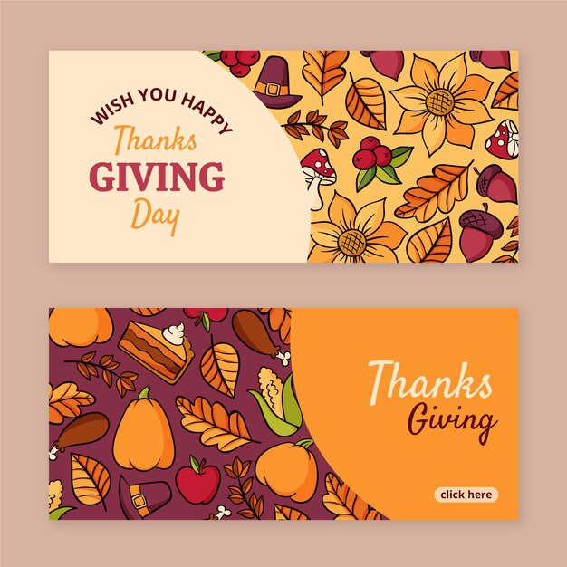 Free vector hand drawn thanksgiving horizontal banners set