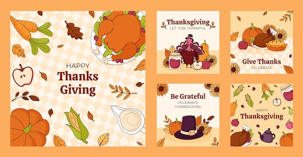 Free vector hand drawn thanksgiving instagram posts collection with food