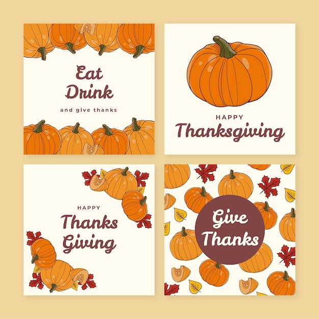 Free vector hand drawn thanksgiving instagram posts collection