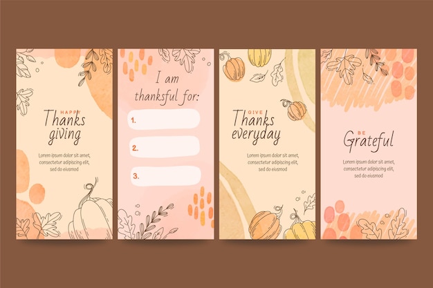Vettore gratuito raccolta di storie di instagram del ringraziamento disegnate a mano