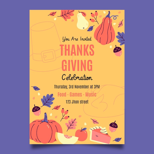 Free vector hand drawn thanksgiving invitation