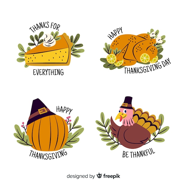 Free vector hand drawn thanksgiving labels with veggies and turkey