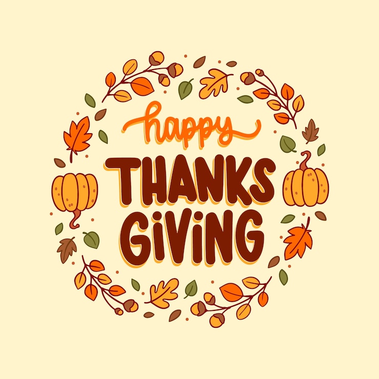 Free Vector hand drawn thanksgiving lettering with leaves and pumpkins