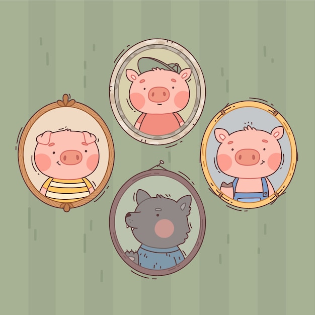 무료 벡터 손으로 그린 세 마리의 작은 돼지 그림
