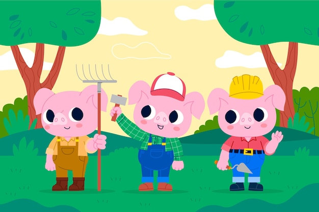 Hand drawn the three little pigs illustration