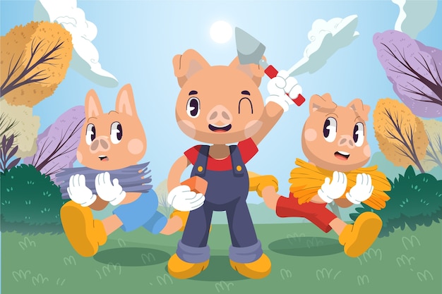 Free vector hand drawn the three little pigs illustration