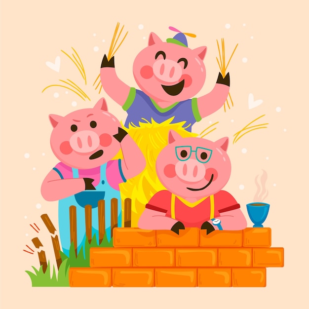 Hand drawn the three little pigs illustration