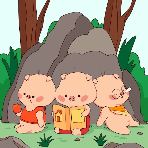 Vettore gratuito illustrazione disegnata a mano dei tre porcellini