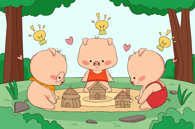 Hand drawn the three little pigs illustration