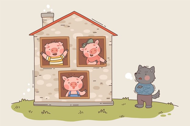 Hand drawn the three little pigs illustration