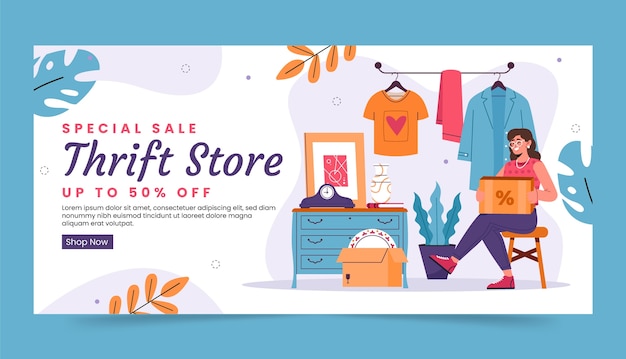 Free vector hand drawn thrift store horizontal banner