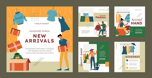 Hand drawn thrift store Instagram post collection free vector download