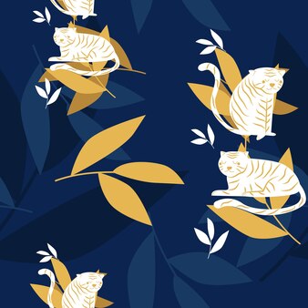 진한 파란색 배경에 손으로 그린된 호랑이와 꽃 원활한 패턴
