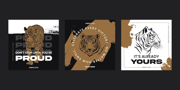 Free vector hand drawn tiger with lettering instagram post collection