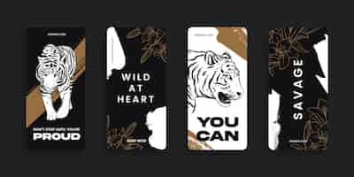Free vector hand drawn tiger with lettering instagram story collection