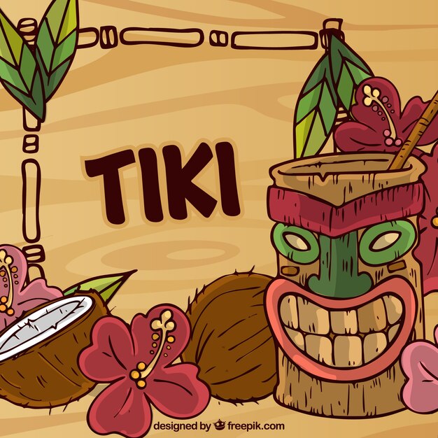 Hand drawn tiki cocktail, coconuts and flowers