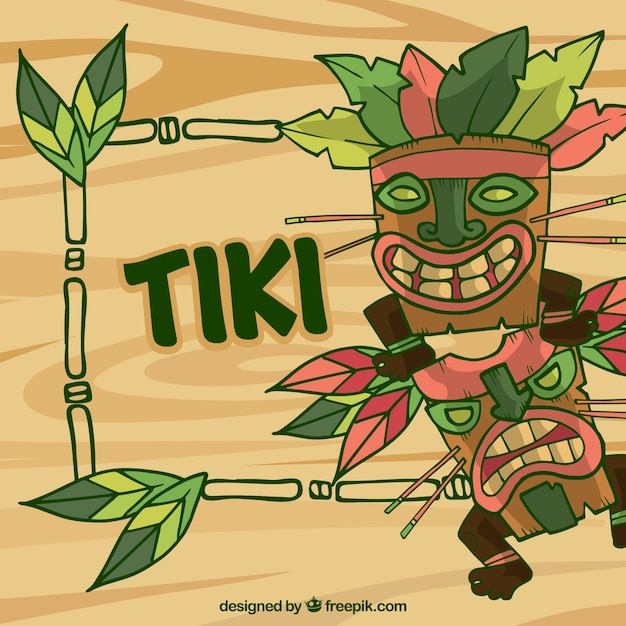 Maschere tiki disegnate a mano e cornice di bambù