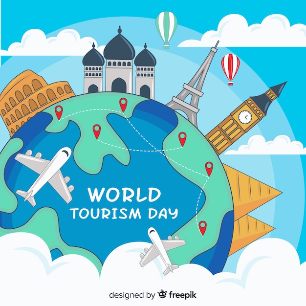 hand drawn tourism day world with pinpoints