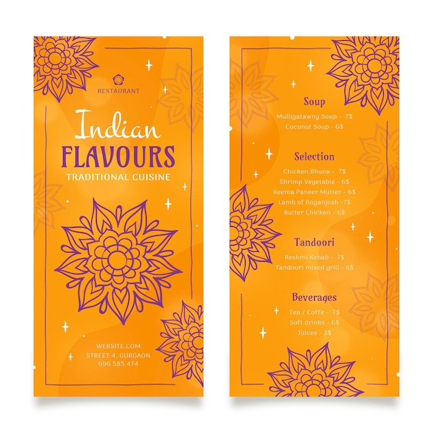 Free vector hand drawn traditional indian restaurant menu template