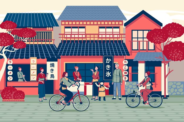 自転車の人々と手描きの伝統的な日本通り