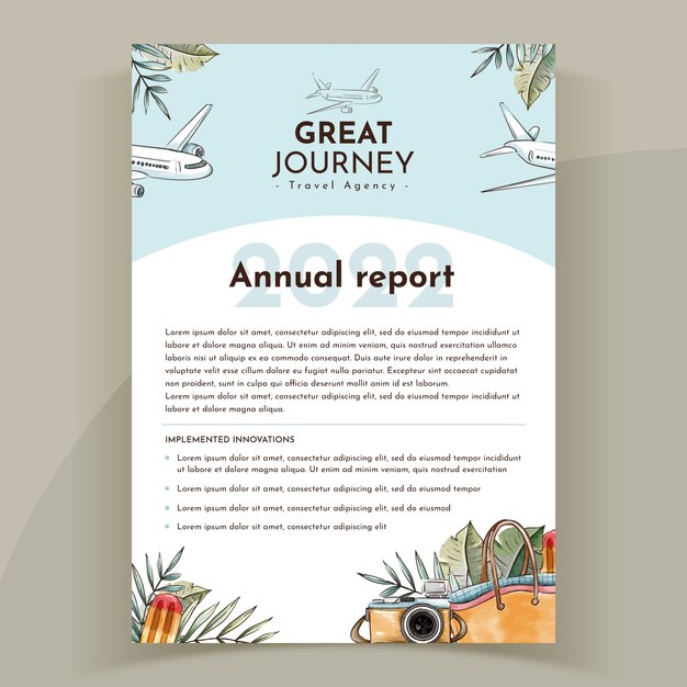 Vettore gratuito modello di relazione annuale dell'agenzia di viaggi disegnata a mano