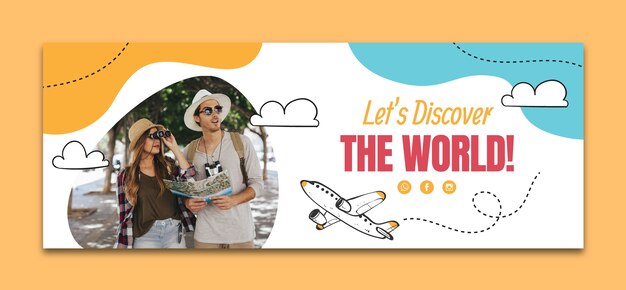 hand drawn travel agency facebook cover with plane