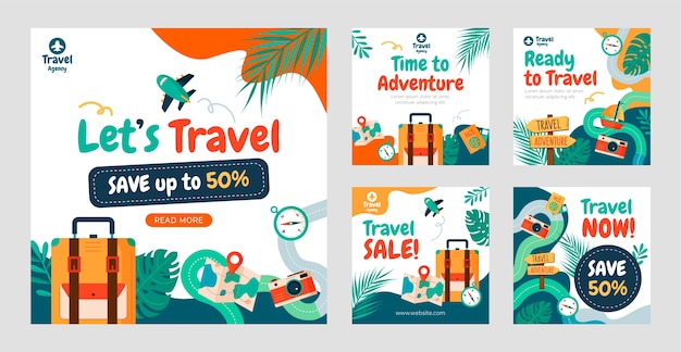Hand drawn travel agency instagram posts template
