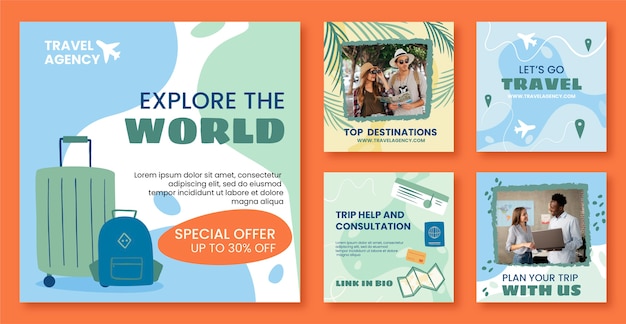 Hand drawn travel agency instagram posts