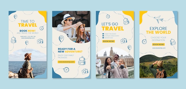 Free vector hand drawn travel agency instagram stories collection