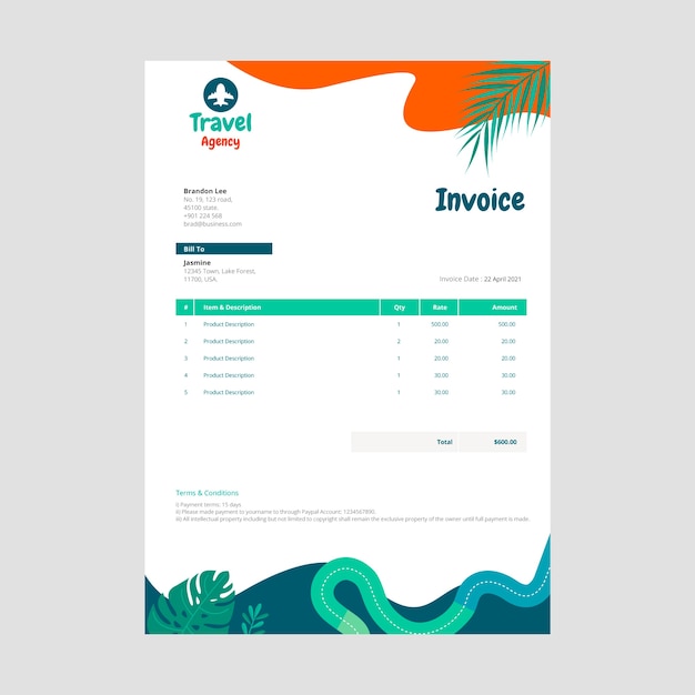 Hand drawn travel agency invoice with leaves